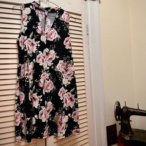 Floral Pink Rose & Black Dress